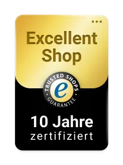 Trusted Shops Excellent Shop Siegel – 10 Jahre zertifiziert; gold-schwarzes Badge mit e-Gütesiegel.