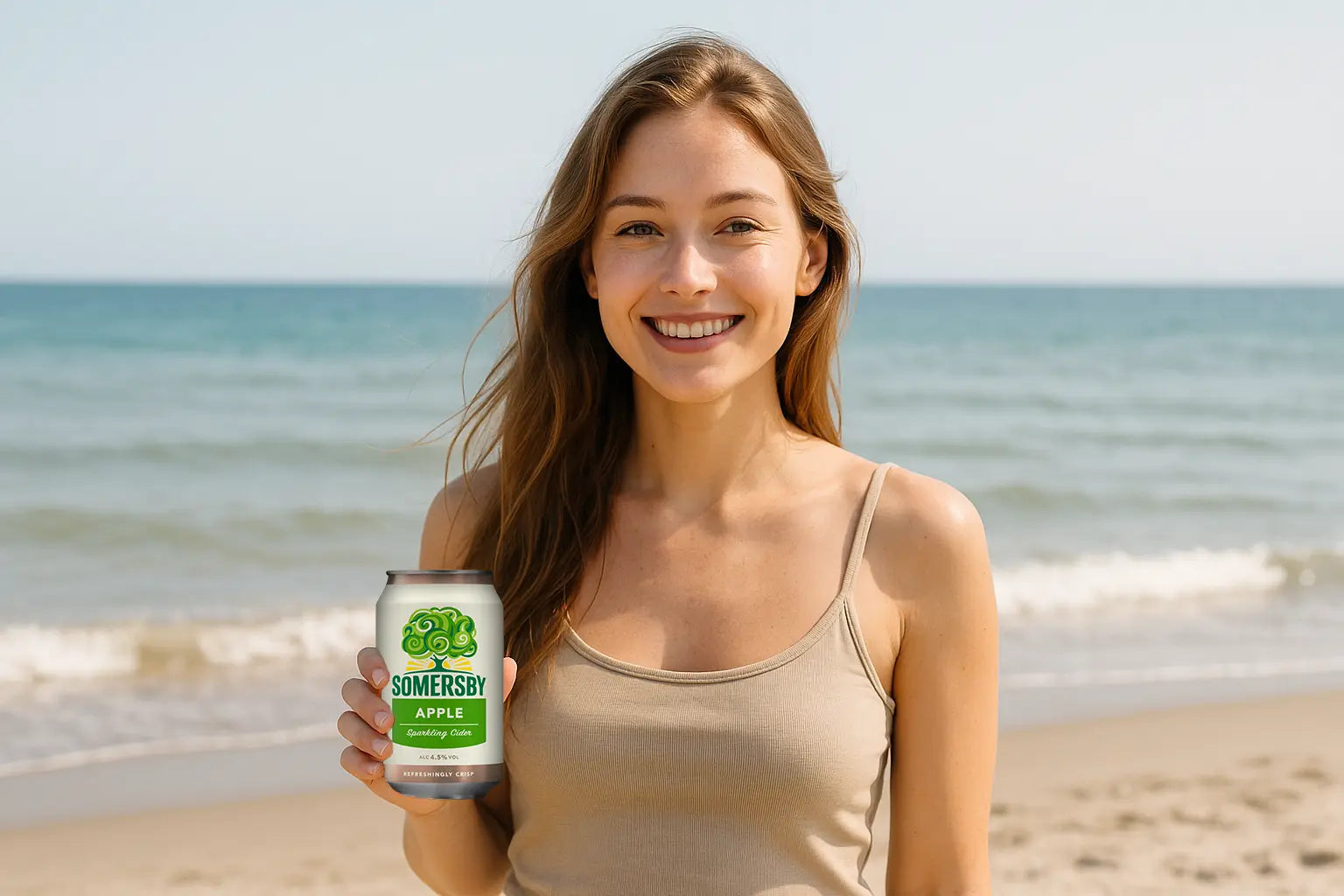 Frau mit Dose Somersby Apple Cider am Strand von Dänemark
