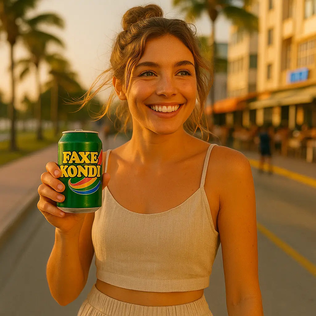 Junge Frau hält freudestrahlend eine Dose Faxe Kondi in der Hand