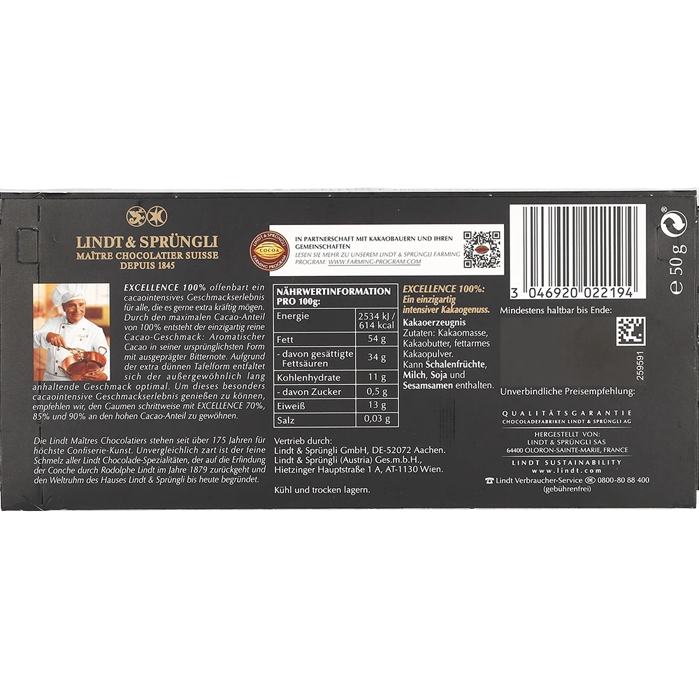 Lindt Excellence 100% 100G PCK